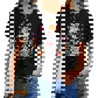 Floral Cat Sugar Skull Day Of The Dead Dia De Los Muertos Women T-shirt | Mazezy