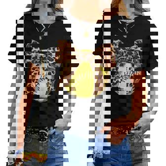 Girls Softball Leopard Animal Print Bow Ribbon Mom Daughter Women T-shirt - Thegiftio