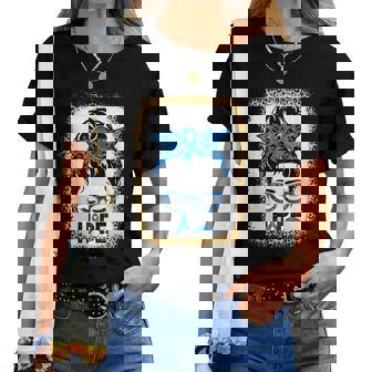 Hope Messy Bun Colon Cancer Awareness Leopard Bleached Women T-shirt - Thegiftio