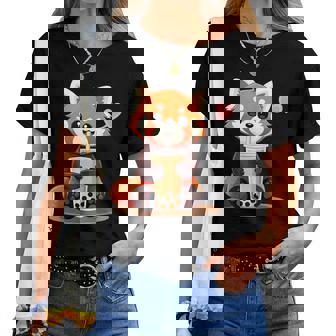 Kawaii Red Panda Bubble Tea Women T-shirt - Thegiftio