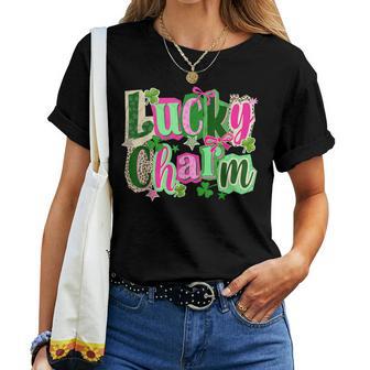 Lucky Charm Girly St Patrick Rainbow Clover Gold Pot Hearts Women T-shirt | Mazezy