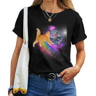Naranja Espacio Cat Laser Eyes Rainbow Cat Camiseta de mujer - Regaloses