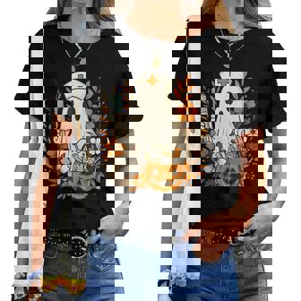 Nurse Ghost Pumpkin Halloween Autumn Nurse Halloween Women T-shirt | Mazezy