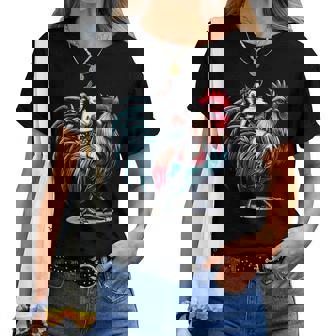 Pin-Up Girl Riding Rooster Vintage Patriotic Women T-shirt | Mazezy