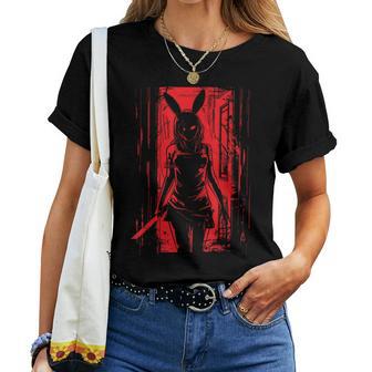 Red Horror Girl Bunny Mask Slasher Alt Goth Creepy Rabbit Women T-shirt - Thegiftio