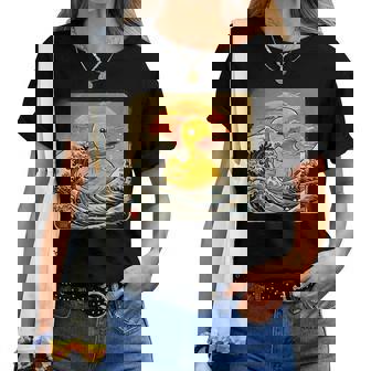 Rubber Duck Great Wave Ocean Sunset Drawing Rubber Duckling Women T-shirt | Mazezy