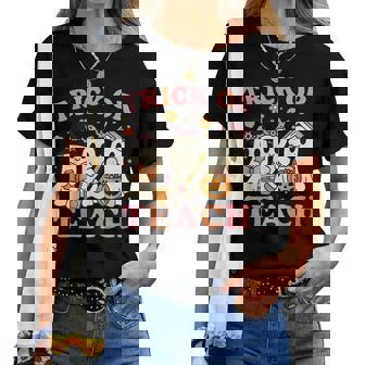 Teacher Halloween Trick Or Teach Cute Ghost Coffee Pumpkins Women T-shirt | Mazezy