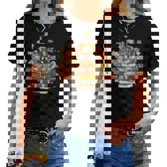 Thanksgiving Turkey Reading Book Fall Season Teacher Costume Women T-shirt | Mazezy