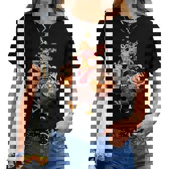 Turkey Drinking Coffee Bow Thanksgiving Turkey Day Women Women T-shirt | Mazezy