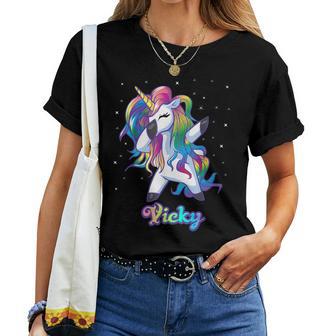 Vicky Nombre Personalizado Personalizado Rainbow Unicorn Dabbing Camiseta de mujer - Regaloses