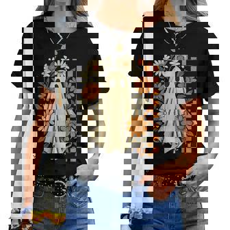 Vintage Floral Ghost Groovy Halloween Spooky Girls Women Women T-shirt | Mazezy