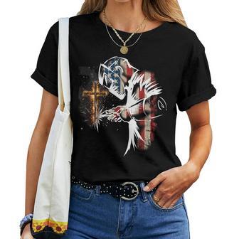Welder American Flag Mig Tig Welding Faith Cross Christian Women T-shirt | Mazezy