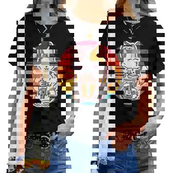 かわいい猫 ボバ ティーバブル アニメ 日本猫 女の子 ティーン レディースTシャツ - Kawaiitshirt