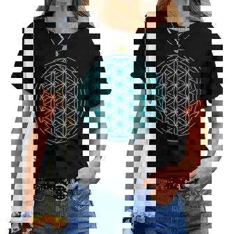 スピリチュアルセイクリッドジオメトリ 生命の花 ブルー レディースTシャツ - Kawaiitshirt