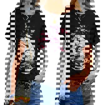 桜と月と富士山のtシャツ 春 花見 和柄 和風 和 メンズ レディース キッズ 水墨画 ギフト 服 サクラ レディースTシャツ - Kawaiitshirt