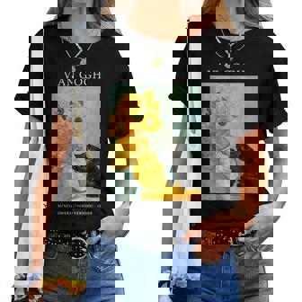 面白いゴッホ風変わりな猫とひまわりの花瓶パロディアート レディースTシャツ - Kawaiitshirt