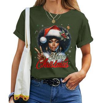 Black African American Christmas Girl Melanin Santa Xmas Women T-shirt | Mazezy