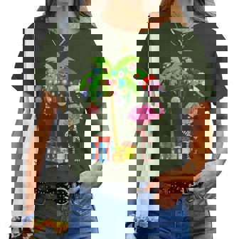 Pink Flamingo Christmas Palm Tree Tropical Xmas Holiday Women T-shirt | Mazezy