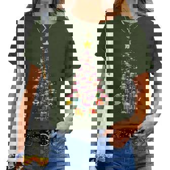 Pink Flamingo Santa Merry Christmas Tree Lights Girls Women T-shirt | Mazezy