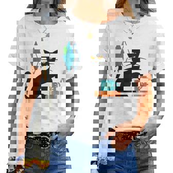 Cat Midcentury With Book And Coffee Atomic Age Mid Century Women T-shirt - Thegiftio