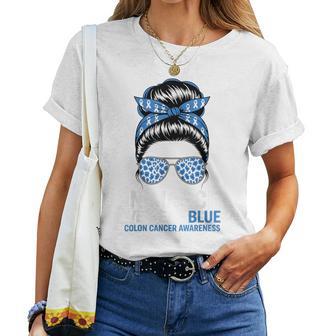 Colon Cancer Awareness Messy Bun In March We Wear Blue Women T-shirt | Mazezy