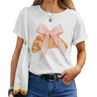 Coquette Pink Bow Croissant Cute Baking Baker Pastry Girl Women T-shirt | Mazezy