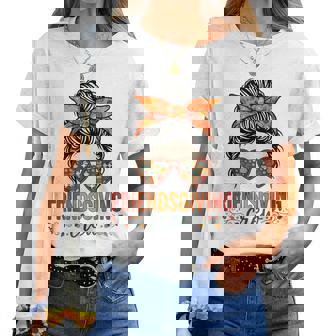 Friendsgiving Crew Autumn Thanksgiving 2025 Messy Bun Women T-shirt | Mazezy