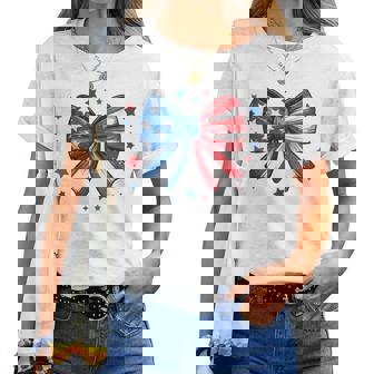 Girls Coquette Bow Red White Blue 4Th July Patriotic Toddler Women T-shirt | Mazezy