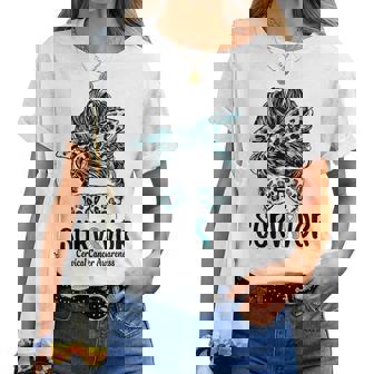 Leopard Messy Bun Survivor Cervical Cancer Awareness Women T-shirt - Thegiftio