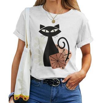 Midcentury Mid Century Cat Retro Atomic Age Modern Floral Women T-shirt - Thegiftio UK