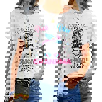 Pink Or Blue Grandma Loves You Gender Reveal Messy Bun Women T-shirt | Mazezy