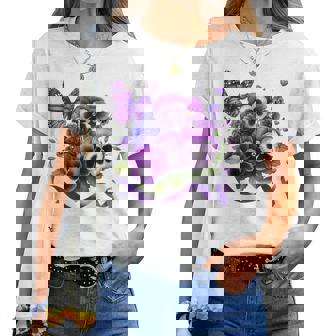 Purple Floral Pansies Butterfly Ribbon Alzheimer's Awareness Women T-shirt - Thegiftio