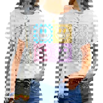 Retro Happy Smile Face Checkered Pattern Vibes Trendy Girls Women T-shirt | Mazezy