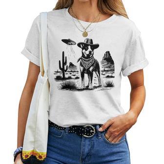 Vintage Heeler Ufo Western Cowboy Australian Cattle Dog Mom Women T-shirt | Mazezy