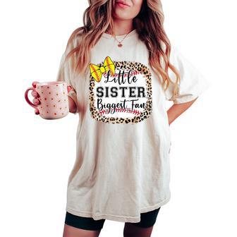 Little Sister Biggest Fan Softball Bow Catcher N Girl Mom Women's Oversized Comfort T-shirt - Monsterry