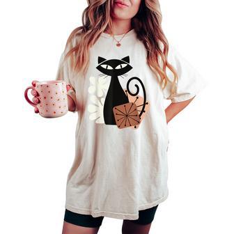 Midcentury Mid Century Cat Retro Atomic Age Modern Floral Women's Oversized Comfort T-shirt - Thegiftio UK