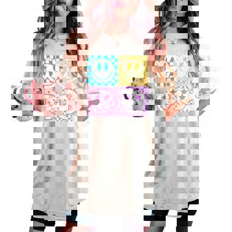 Retro Happy Smile Face Checkered Pattern Vibes Trendy Girls Women's Oversized Comfort T-shirt | Mazezy