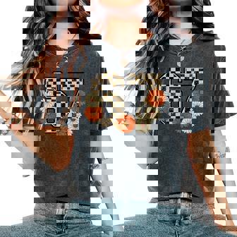 6 7 Retro Fall Meme Checkerboard Haunted By 67 Six Seven Women's Oversized Comfort T-Shirt - Monsterry