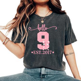 9Th Birthday Girl Coquette Bow Hello 9 Year Old Est 2017 Women's Oversized Comfort T-Shirt - Thegiftio UK
