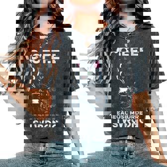 Black Cat Drinking Coffee Because Murder Is Wrong Retro For Women Women's Oversized Comfort T-Shirt | Mazezy