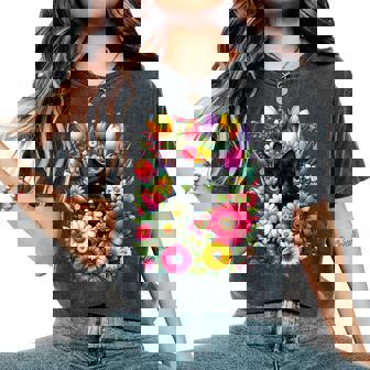 Boho Cute Black Cat Hiding In Spring Flowers Women's Oversized Comfort T-Shirt - Thegiftio