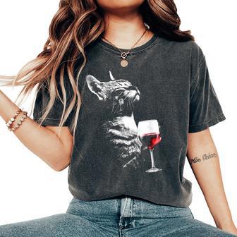 Cat Drinking Wine Cute Cat Holding Red Wine Lovers Women's Oversized Comfort T-Shirt - Thegiftio UK