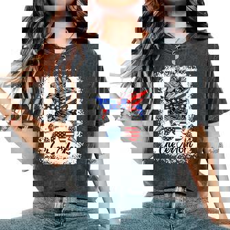 Cheer Mom Messy Bun Usa Flag Glasses 4Th Of July Patriotic Women's Oversized Comfort T-Shirt - Monsterry