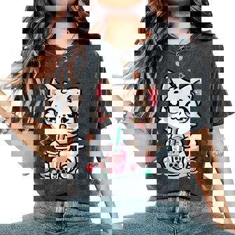 Cute Cat Boba Tea Bubble Tea Anime Kawaii Neko Girls Women's Oversized Comfort T-Shirt - Monsterry