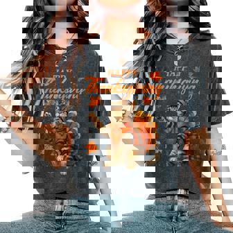 Cute Cat Turkey Happy Thanksgiving Fall Meow Cat Lover Women's Oversized Comfort T-Shirt - Monsterry