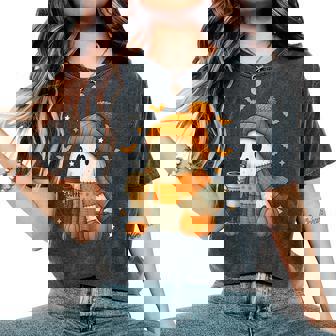 Cute Ghost Drinking Coffee Halloween Patchwork Ghost Women Women's Oversized Comfort T-Shirt | Seseable FR