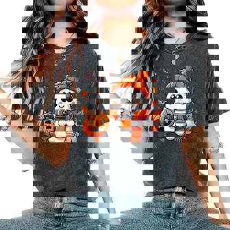 Cute Halloween Ghost Drinking Ice Coffee Halloween Women Women's Oversized Comfort T-Shirt | Seseable CA