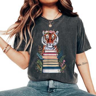 Cute Tiger With Book Floral Bookworm Librarian Book Lover Women's Oversized Comfort T-Shirt - Thegiftio UK