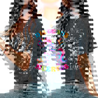 Dia De Los Muertos Crâne Floral Licorne Animal Du Zoo Mexicain T-shirt oversize confortable pour femme - Cadeauxyz