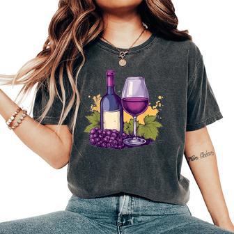 Elegant Wine Bottle With Glass Grapes Women's Oversized Comfort T-Shirt - Thegiftio UK